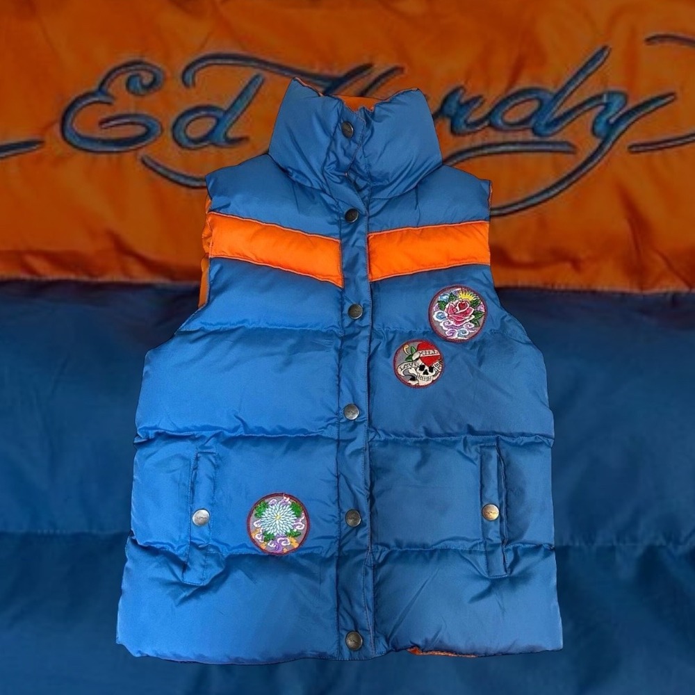 Y2K‎ Vintage Ed Hardy Puffer Vest Blue Orange Statement Patches Full Zip Rare